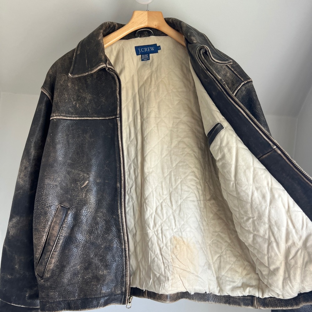 Vintage 90s J. Crew Leather Bomber Jacket Large Brown Worn Distressed Faded - Picture 11 of 12